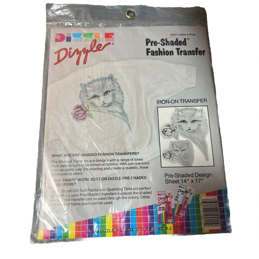 NEW 1989 DRIZZLE ART PRE SHADED FASHION TRANSFER #50011 KITTEN &‎ ROSE